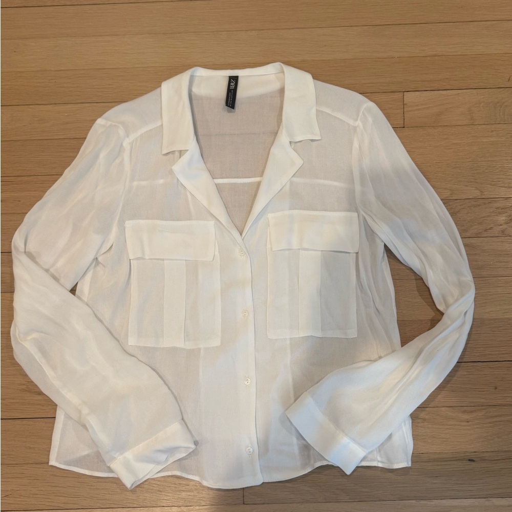 Zara White Sheer Button-Front Blouse with Patch Pockets